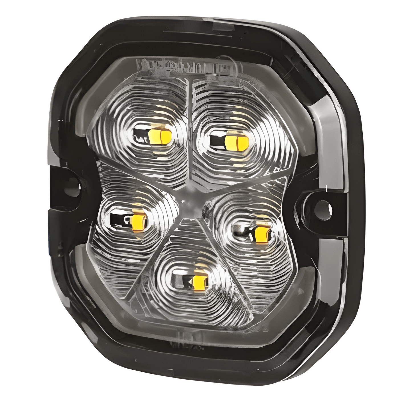 Square automotive headlight with four visible LEDs on a white background