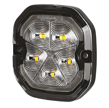 Square automotive headlight with four visible LEDs on a white background