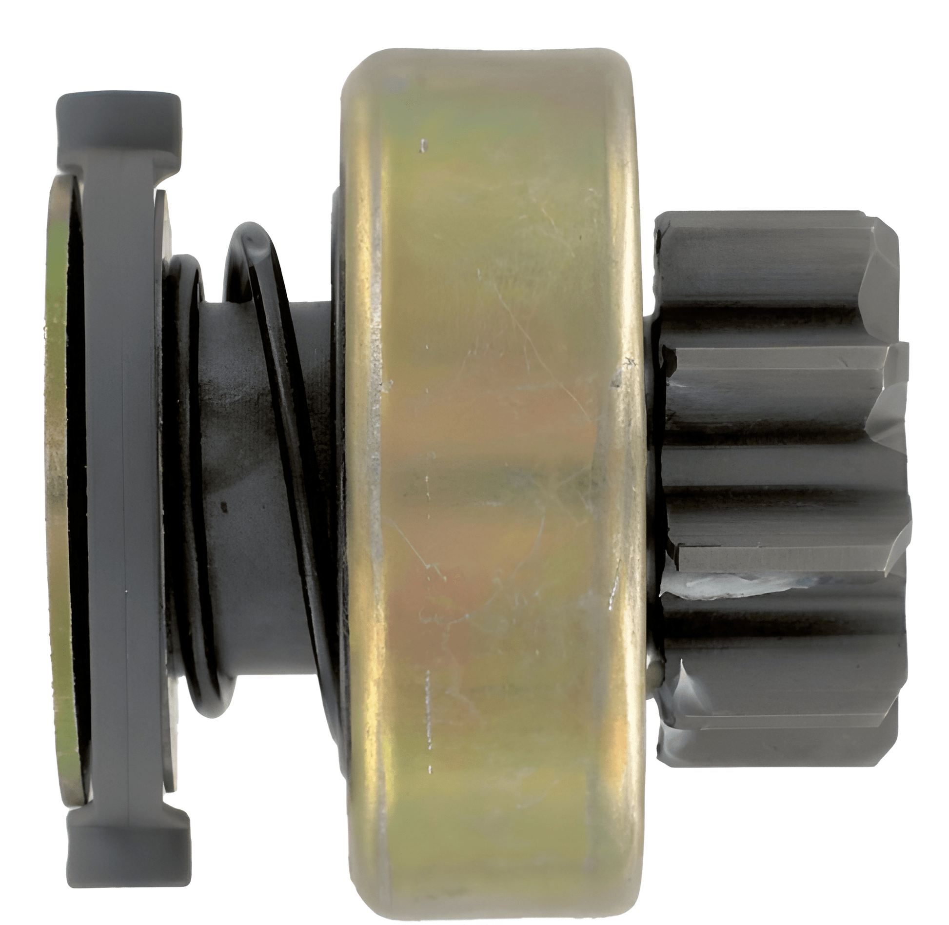 side view of a starter pinion on a white background