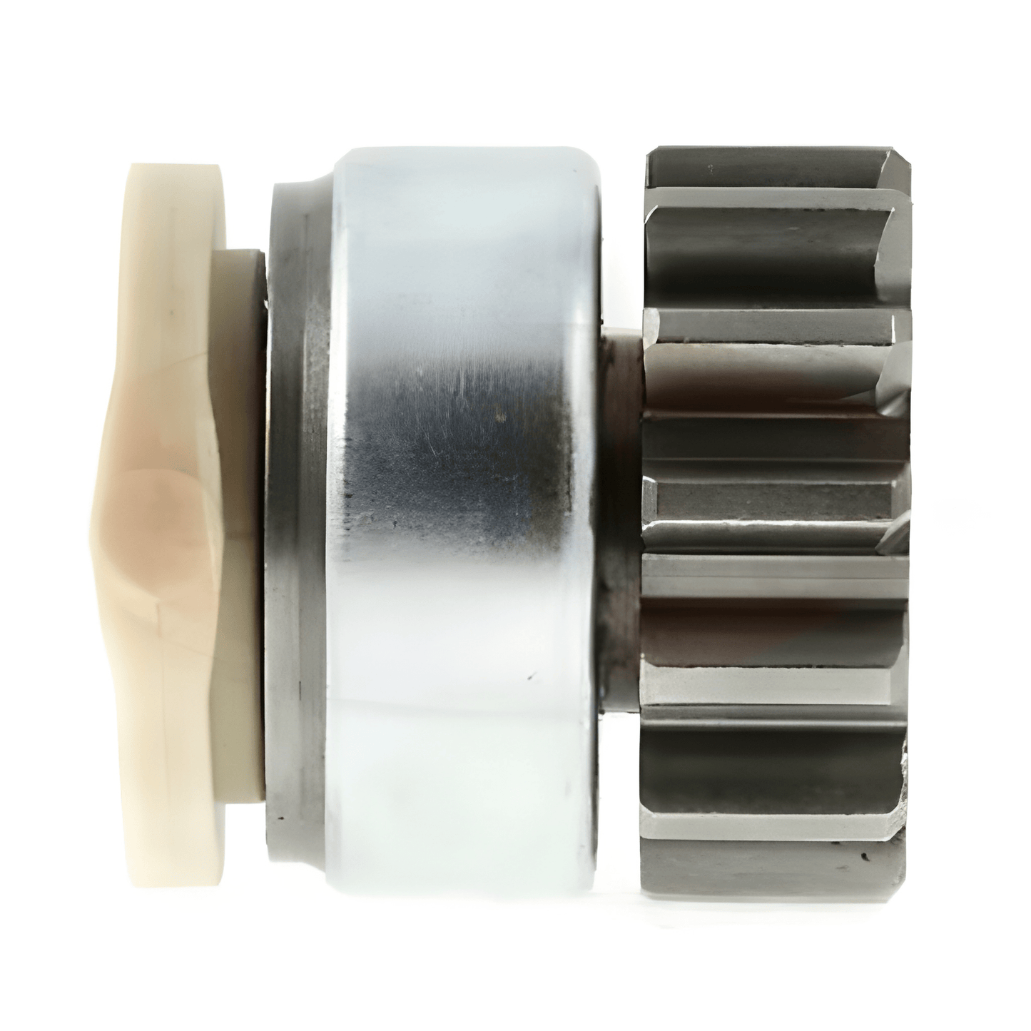 Close-up of a starter pinion system on a white background