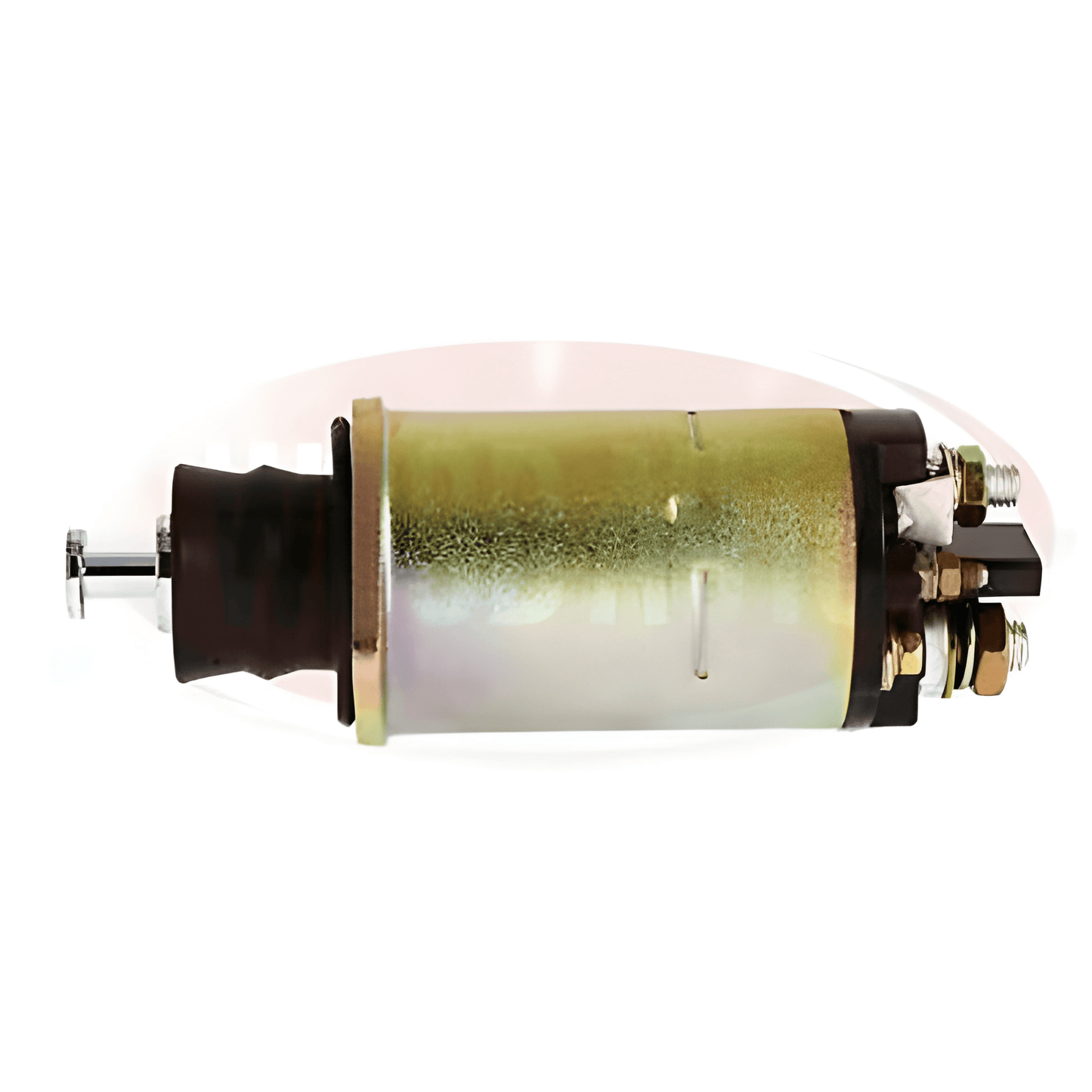 side view of a starter motor solenoid on a white background 
