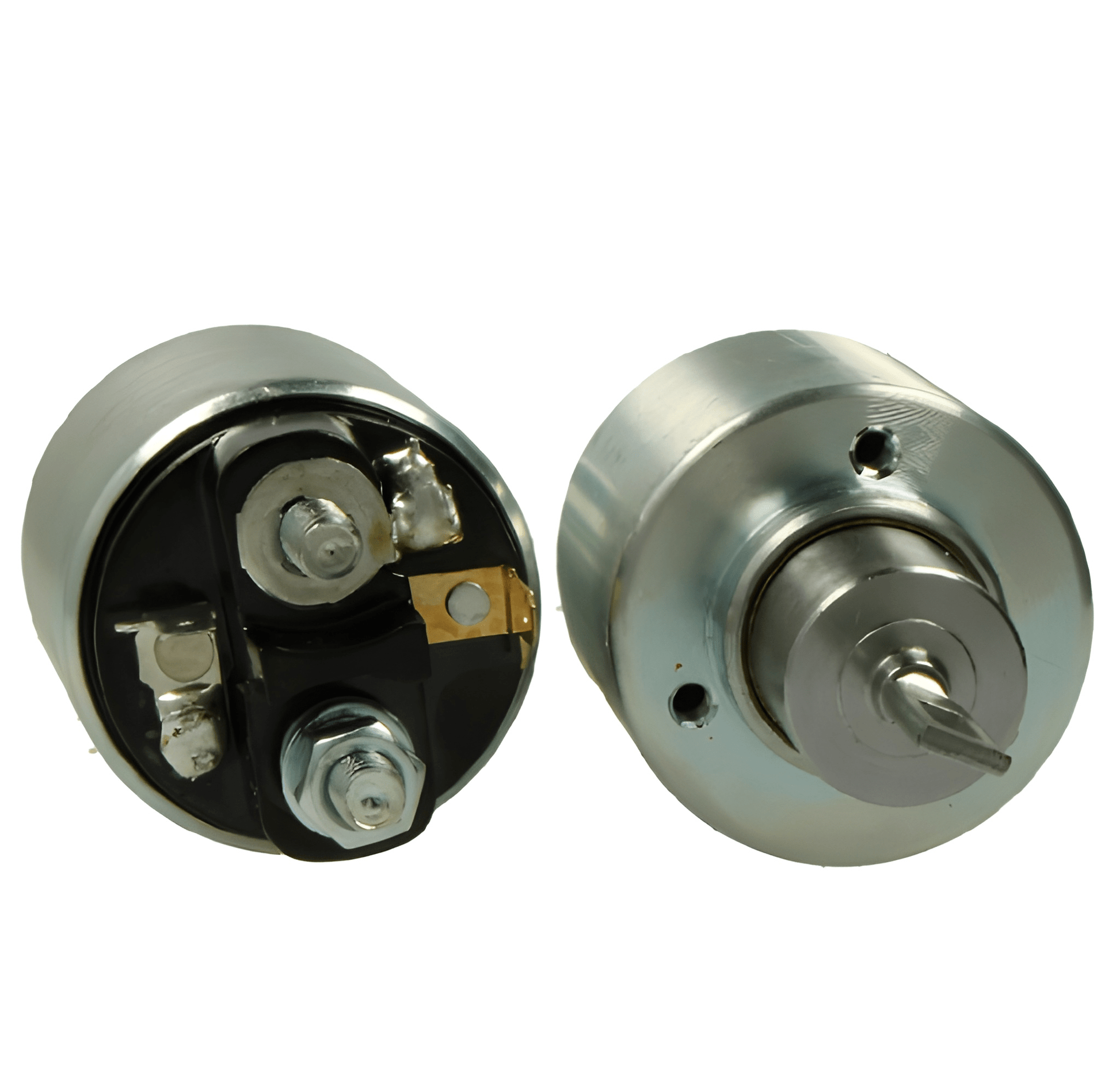 top and bottom view of an automotive solenoid on a white background 