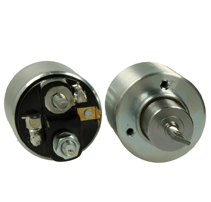 top and bottom view of an automotive solenoid on a white background 