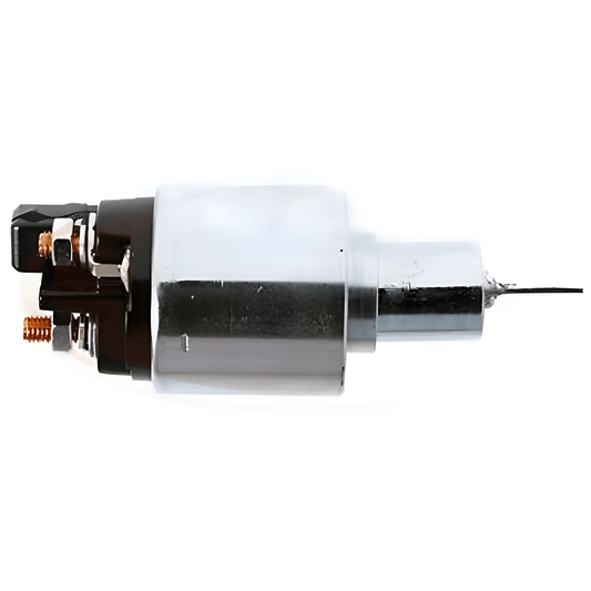 side view of a starter motor solenoid on awhite background