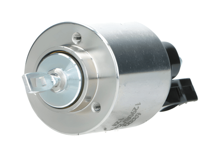 close up of a starter motor solenoid on awhite background