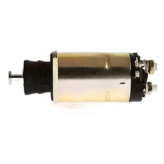 side view of a starter motor solenoid on a white background 