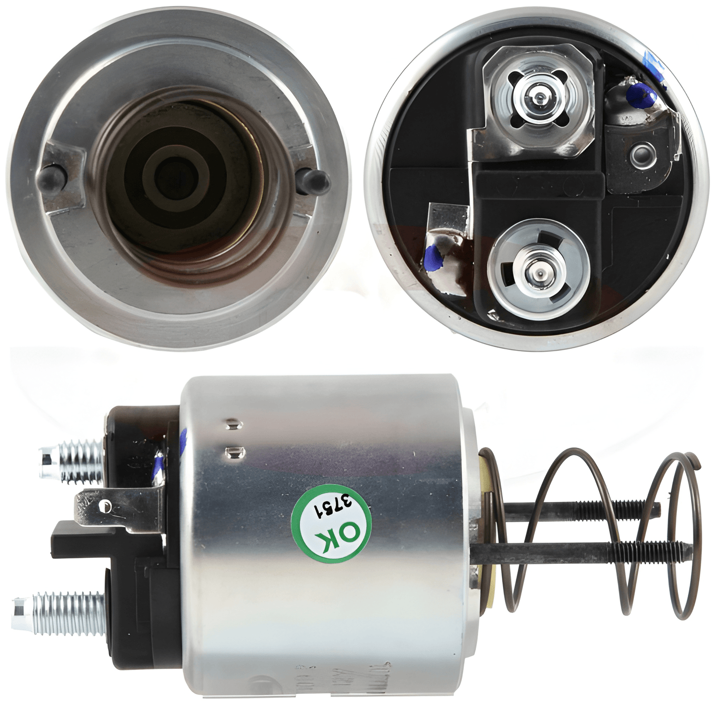 3 images of a starter solenoid from different angles on a white background