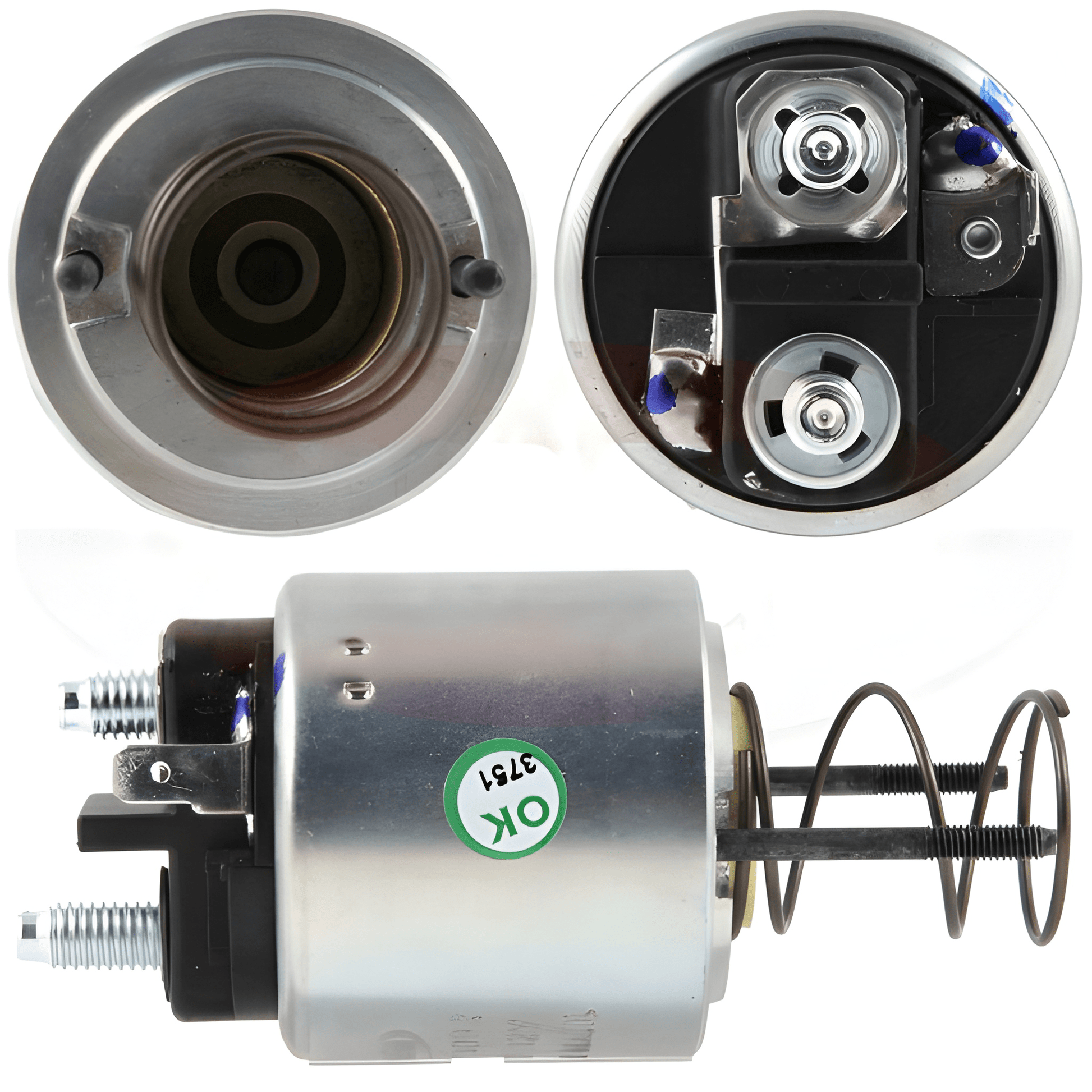 3 images of a starter solenoid from different angles on a white background