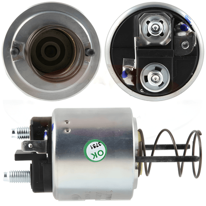 3 images of a starter solenoid from different angles on a white background