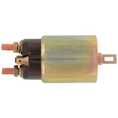 side view of a starter motor solenoid on a white background 