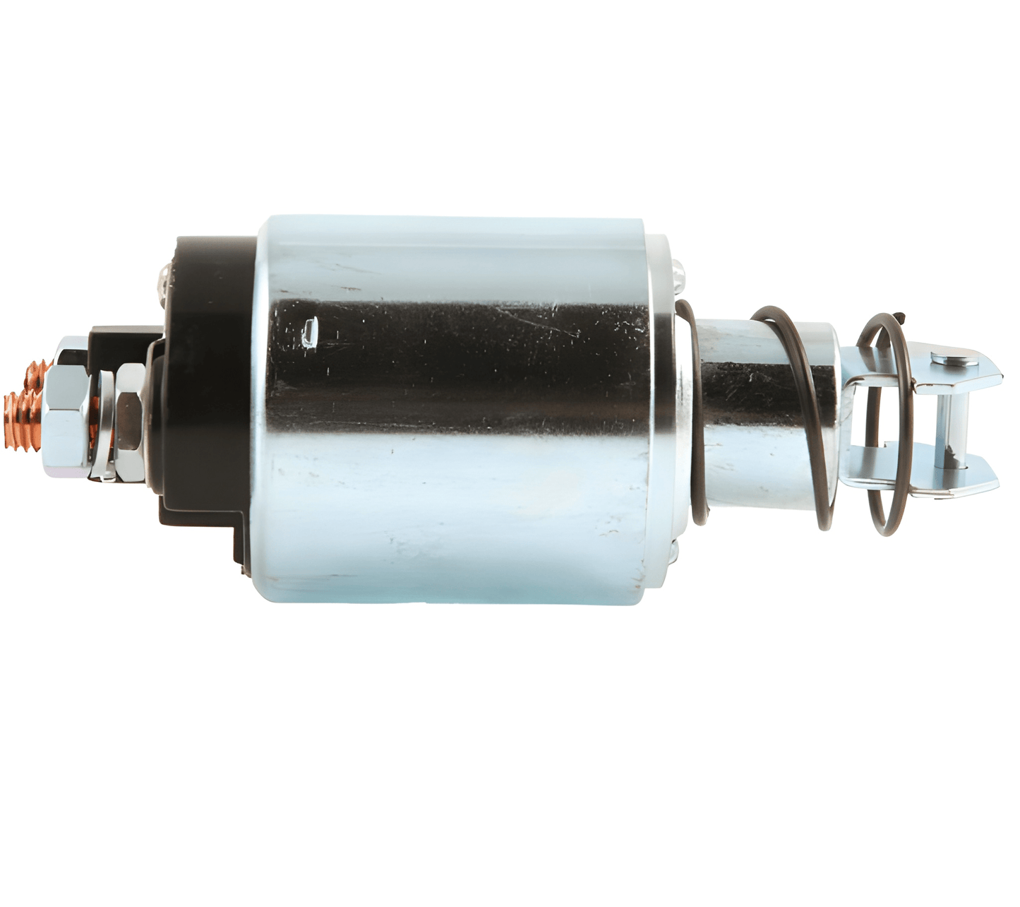 silver metal solenoid on a white background