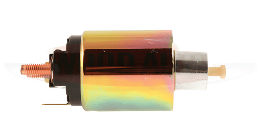 side view of a starter motor solenoid on a white background 
