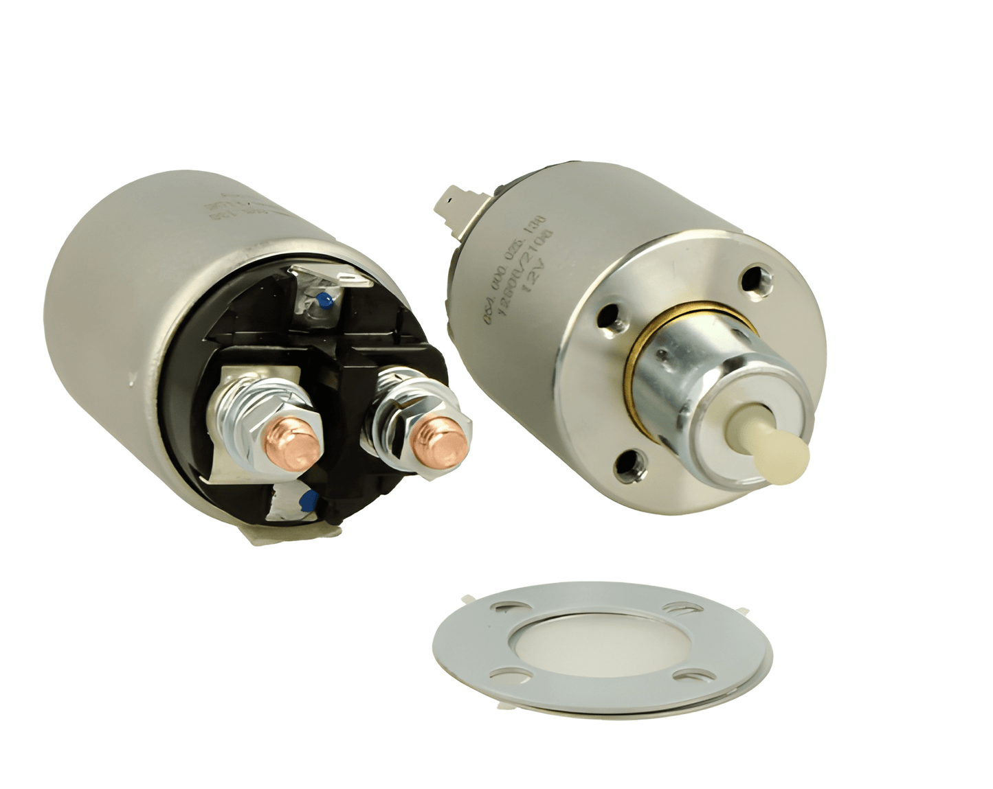 top and bottom view of a starter motor solenoid on a white background 