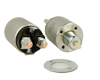 top and bottom view of a starter motor solenoid on a white background 