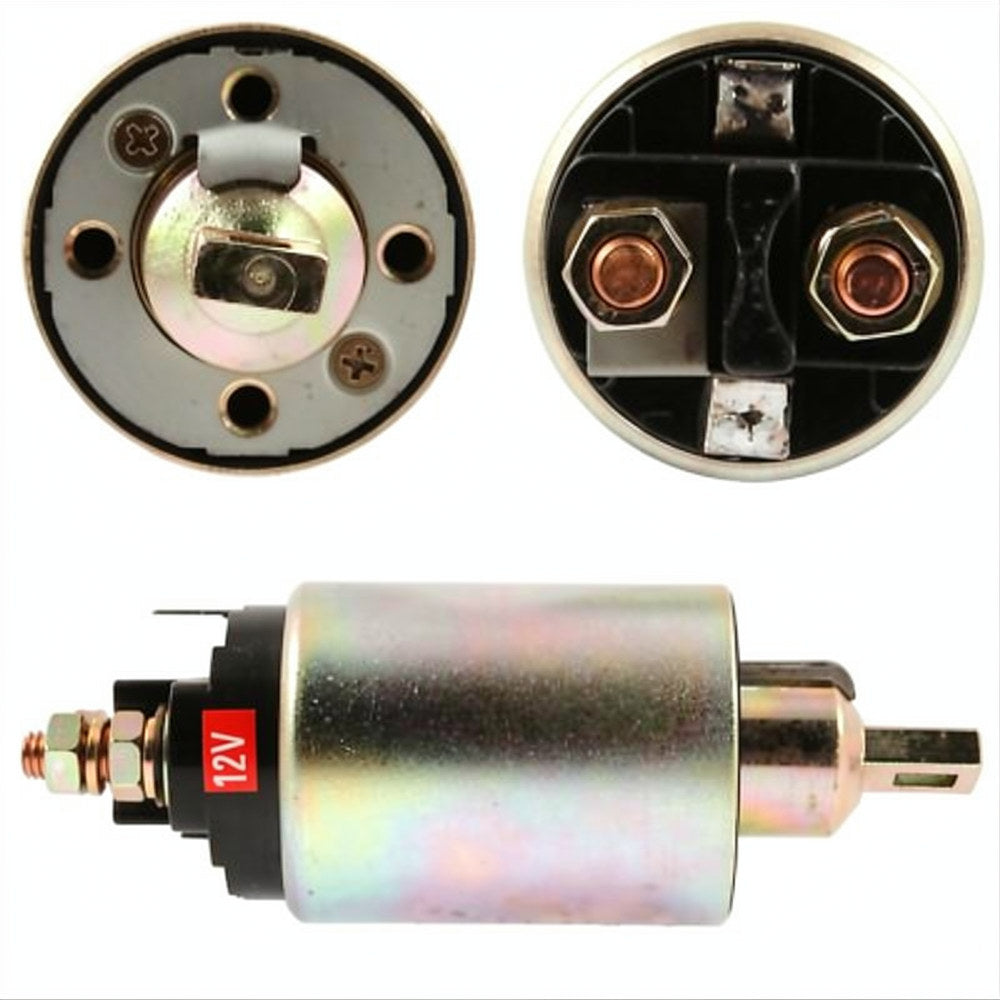 Three views of a starter motor solenoid with visible wiring and connectors on a white background.