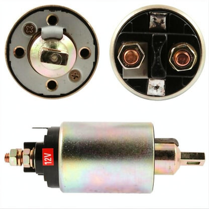 Three views of a starter motor solenoid with visible wiring and connectors on a white background.