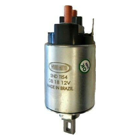 Metallicstarter motor solenoid with  wood auto branding on a white background