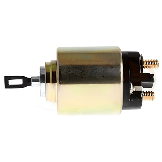 side view of a starter motor solenoid on a white background