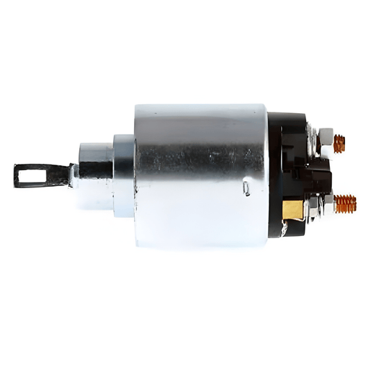 side view of a starter motor solenoid on a white background 