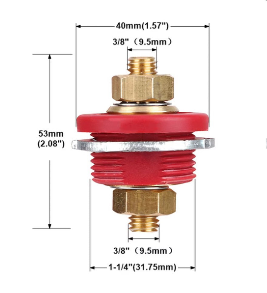 3/8 or 9.5mm Stud Thru Panel Battery Terminal Cable Connector Red Positive M.U.R.E TPT250AR