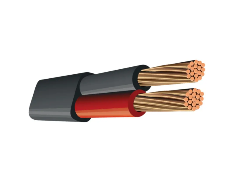 Twin-core electrical cable with red and black insulation and exposed braided copper wire. This high-quality cable is ideal for vehicle wiring and other electrical applications.