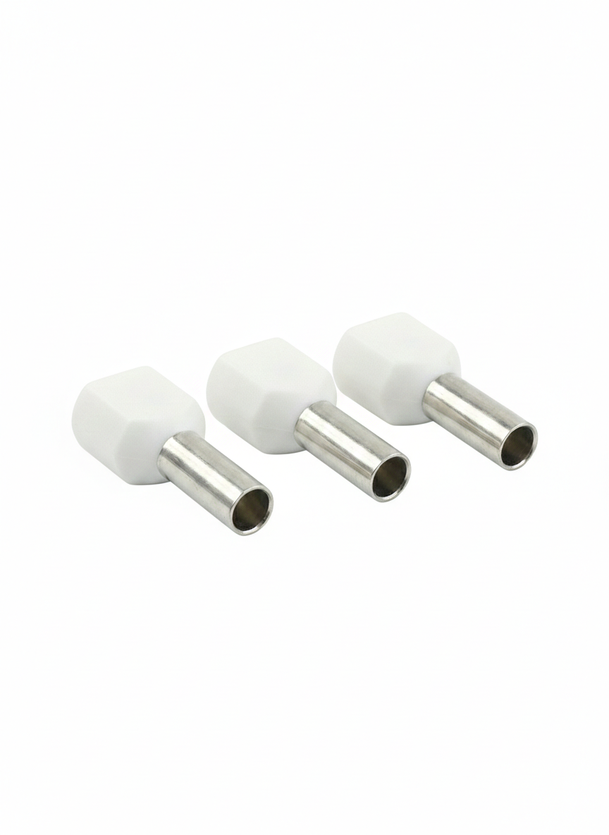 3 twin entry cord end terminals on a white background