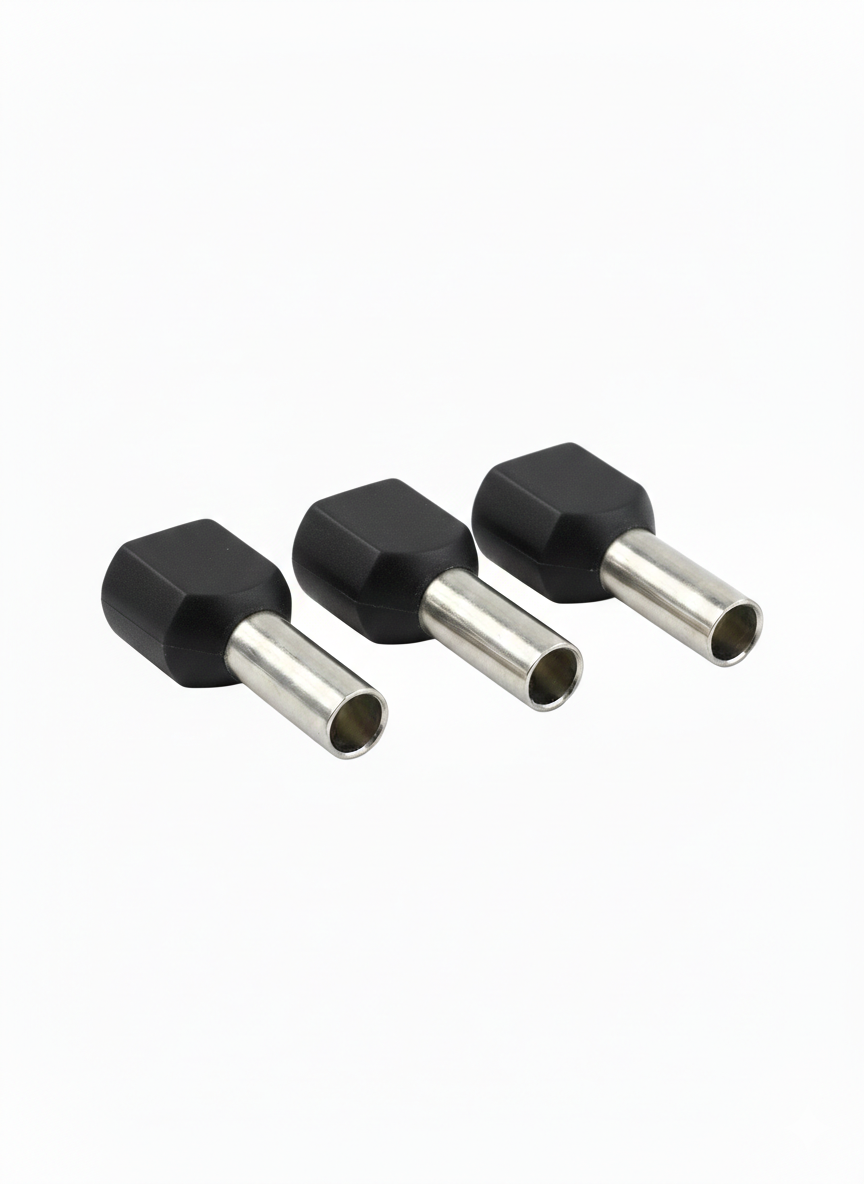 3 black twin entry cord end terminals on a white background