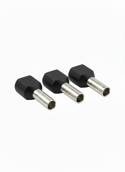 3 black twin entry cord end terminals on a white background