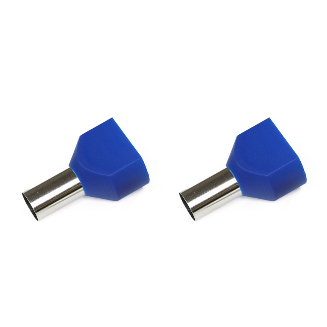 2 blue twin entry cord end terminals on a white background