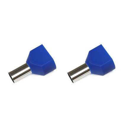 2 blue twin entry cord end terminals on a white background