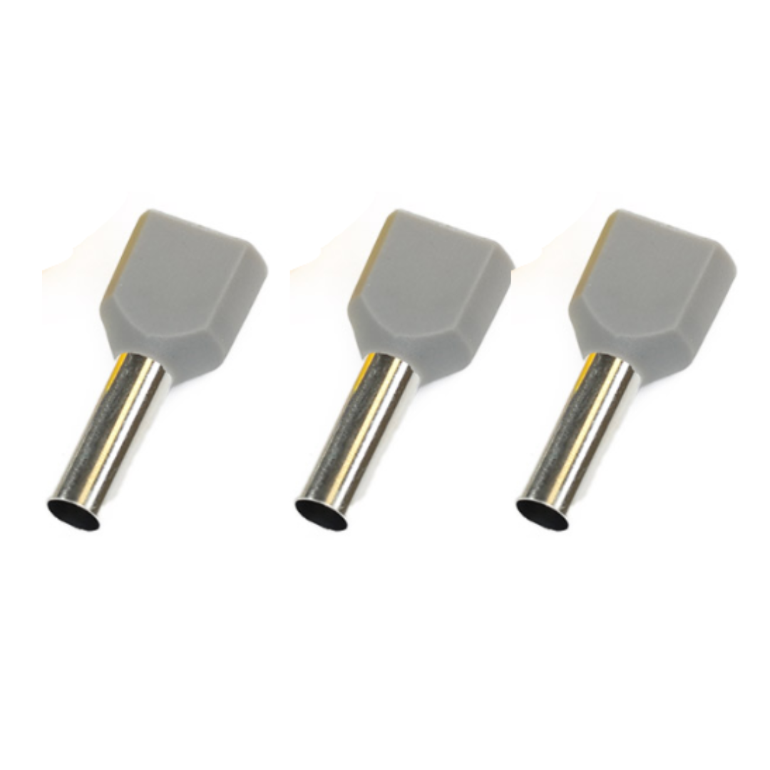 3 grey twin entry cord end terminals on a white background 