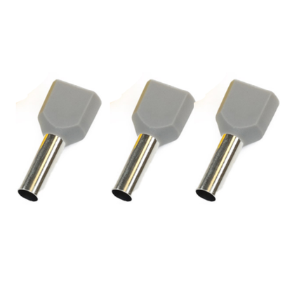 3 grey twin entry cord end terminals on a white background 