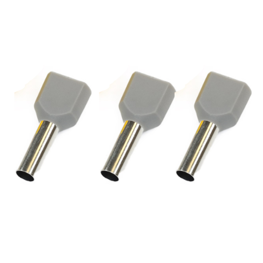 3 grey twin entry cord end terminals on a white background 