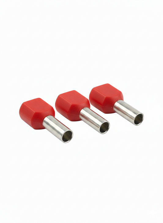 3 red twin entry cord end terminals on a white background