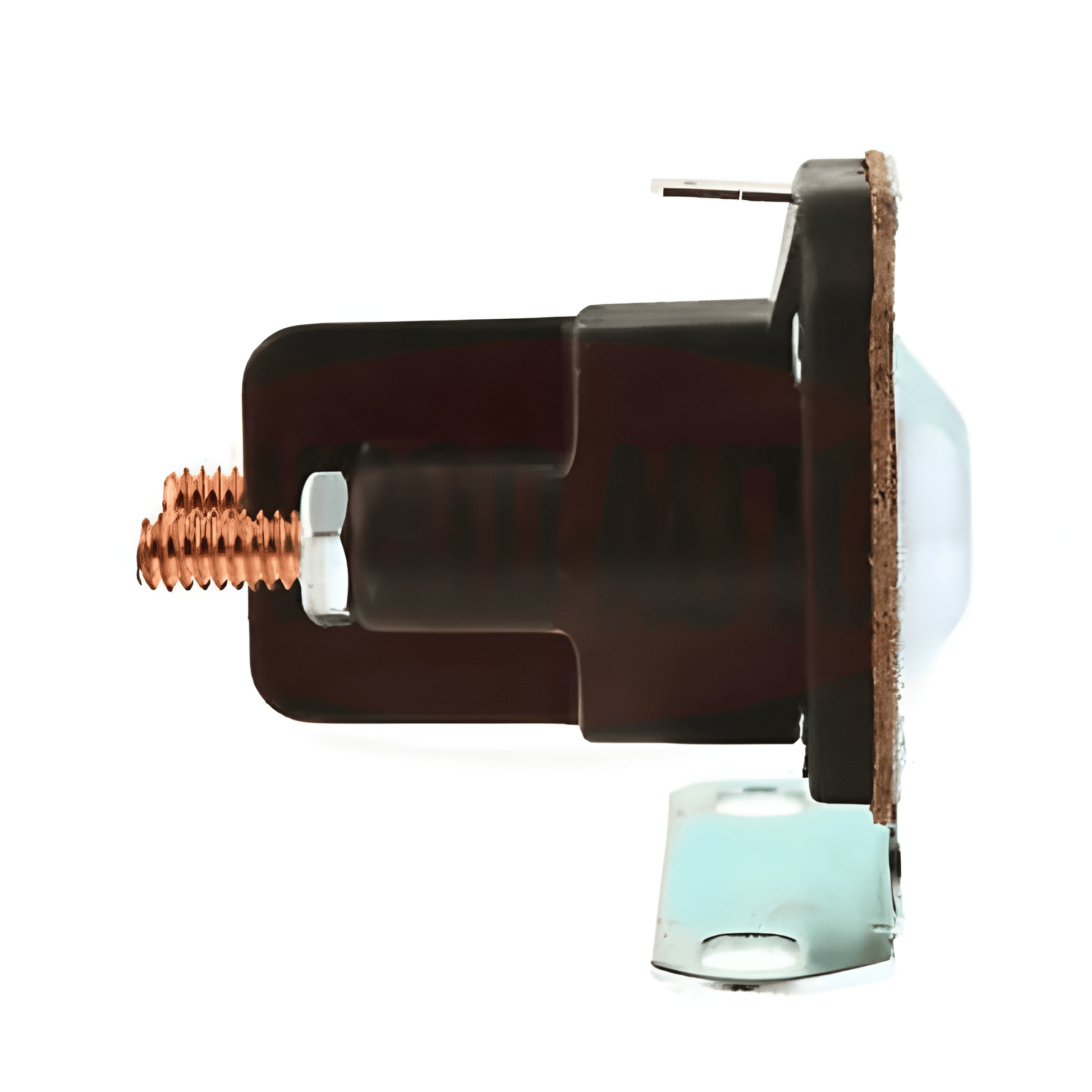 side view of a starter motor solenoid on a white background 