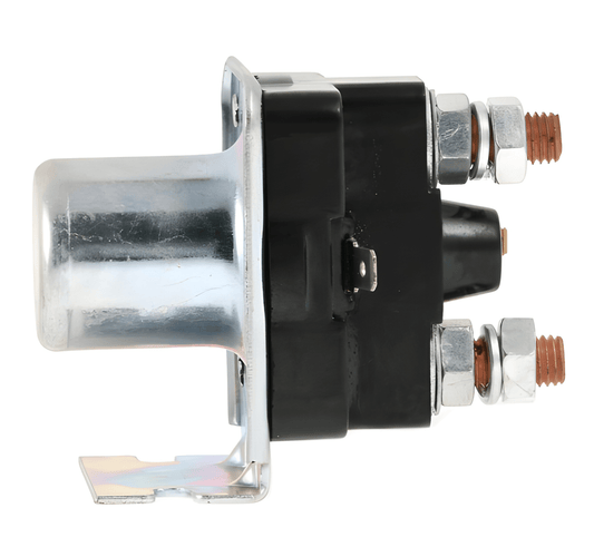 side view of a starter motor solenoid on a white background 