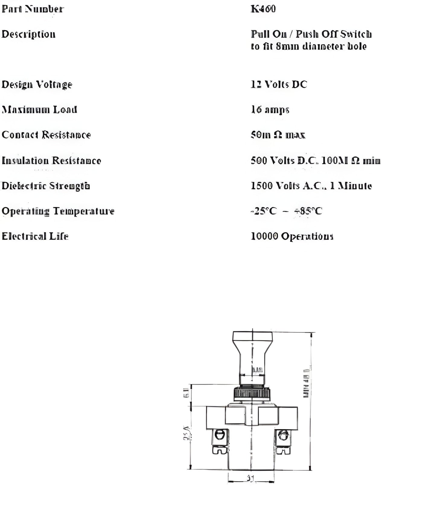 On Off Push/Pull Switch Short Stalk 12V 24V With Screw Terminals Robinson K460
