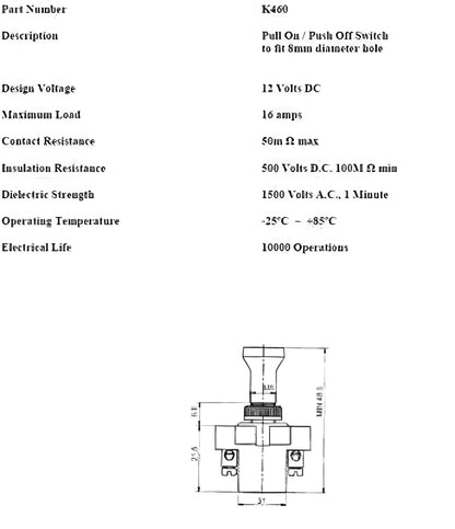 On Off Push/Pull Switch Short Stalk 12V 24V With Screw Terminals Robinson K460