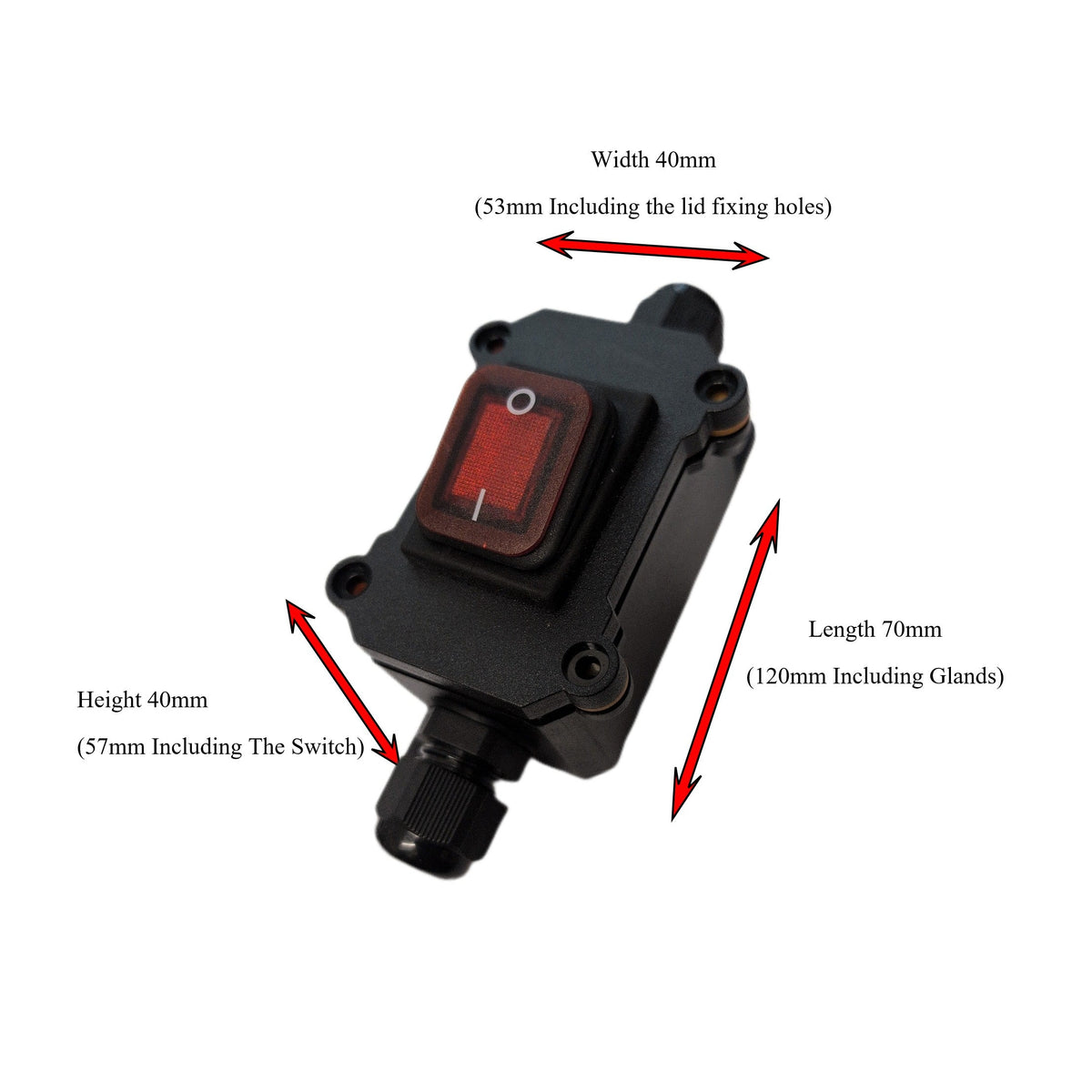 Black plastic outdoor waterproof switch box with a red rocker switch and mounting holes, shown with red arrows and text labels indicating width 40mm, height 40mm, and length 70mm dimensions.