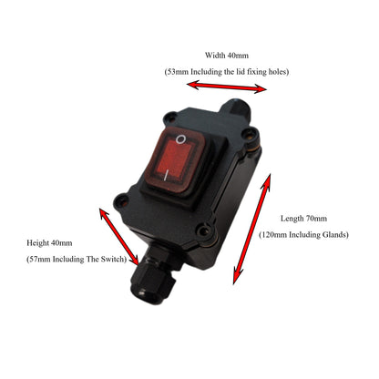 Black plastic outdoor waterproof switch box with a red rocker switch and mounting holes, shown with red arrows and text labels indicating width 40mm, height 40mm, and length 70mm dimensions.