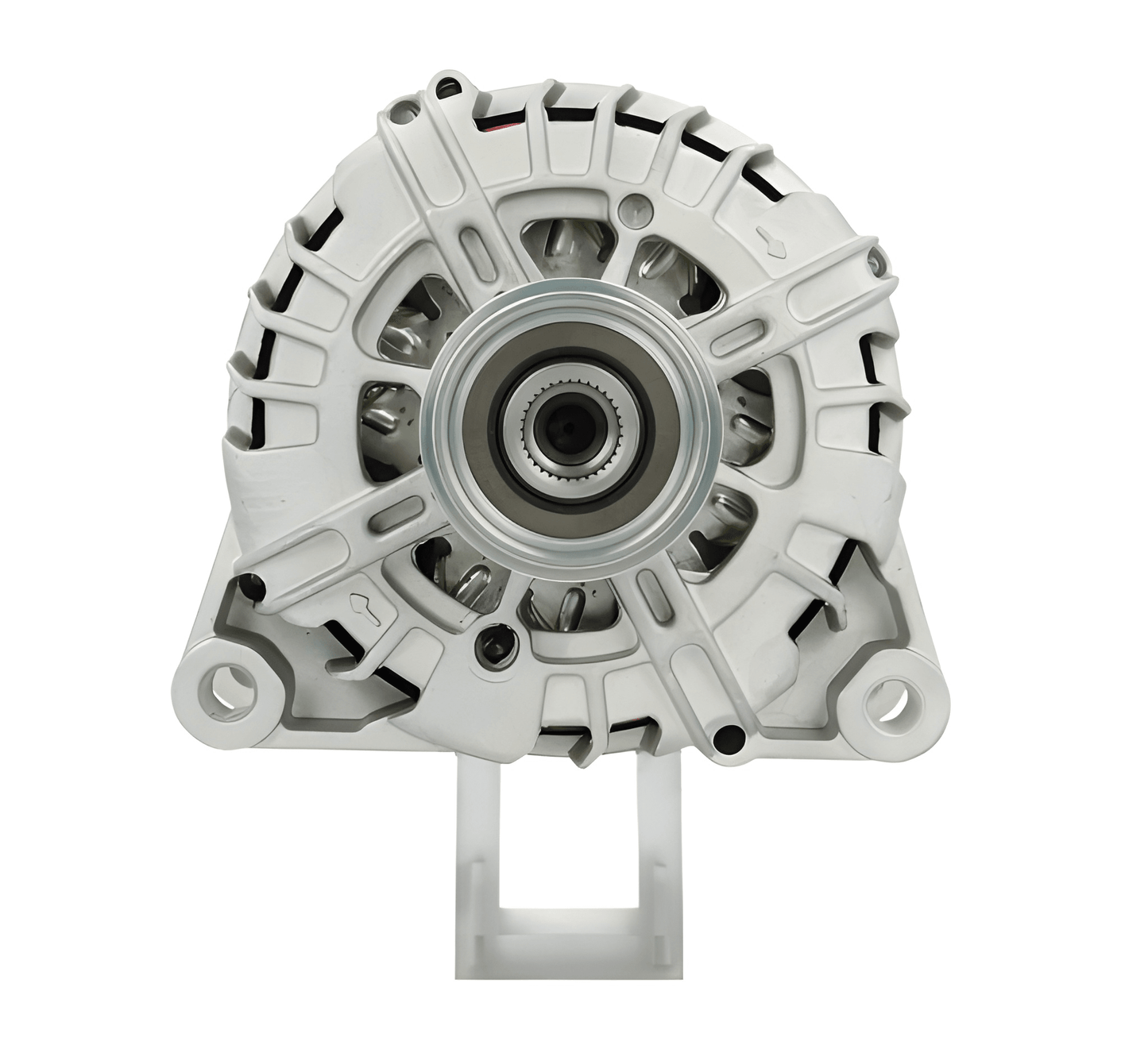 Front view of ALT14493 alternator showing pulley shaft and mounting points – high-output replacement alternator UK stock.