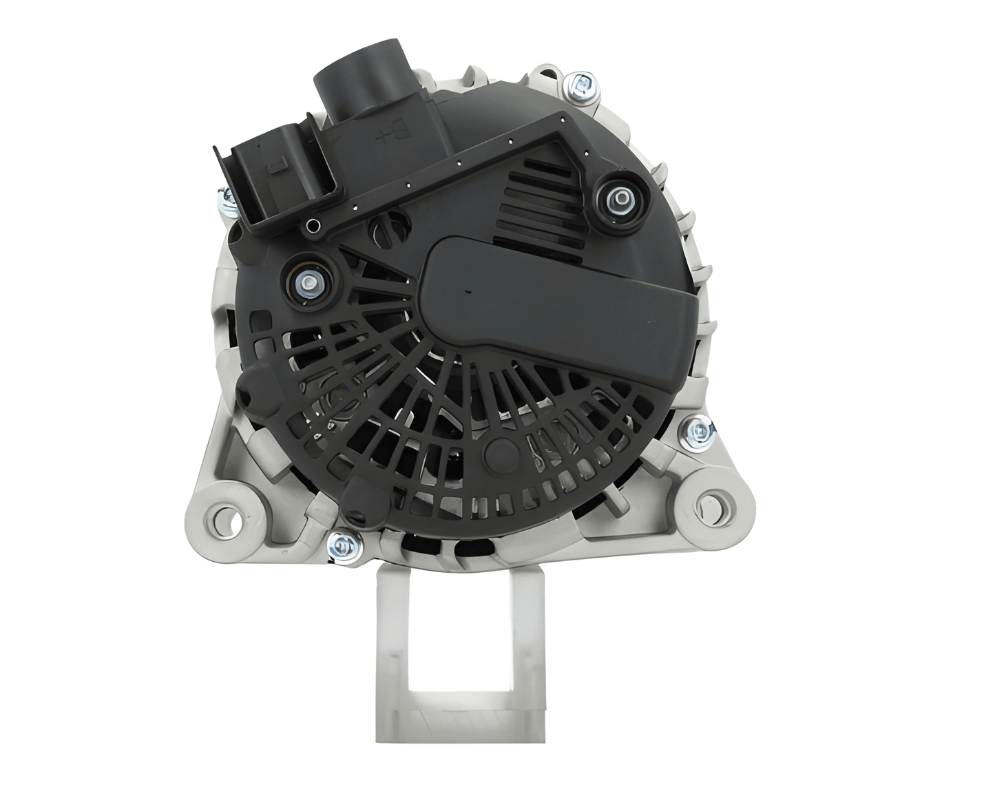 Rear view of ALT14493 12 V 150 A alternator showing black plastic cover and electrical connector – replacement alternator UK.