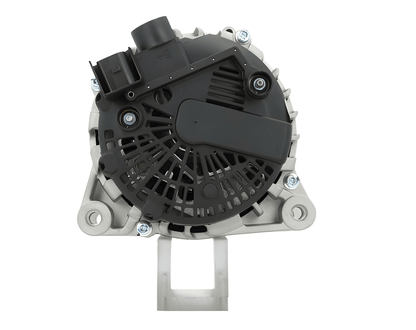 Rear view of ALT14493 12 V 150 A alternator showing black plastic cover and electrical connector – replacement alternator UK.