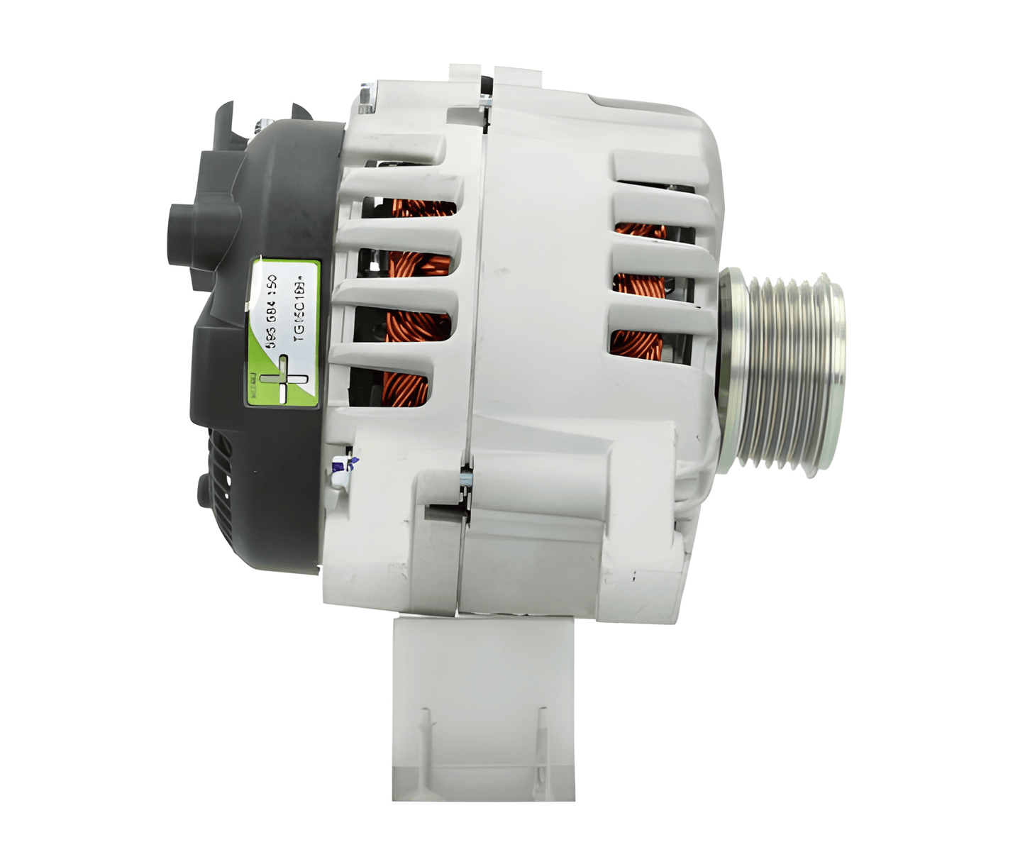 Side view of ALT14493 alternator with multi-groove pulley and cooling vents – 12 V 150 A unit suitable for Ford and Volvo vehicles.