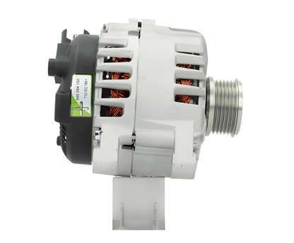 Side view of ALT14493 alternator with multi-groove pulley and cooling vents – 12 V 150 A unit suitable for Ford and Volvo vehicles.