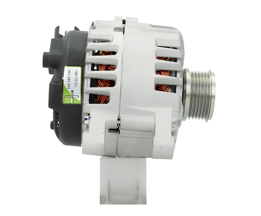 Side view of ALT14493 alternator with multi-groove pulley and cooling vents – 12 V 150 A unit suitable for Ford and Volvo vehicles.