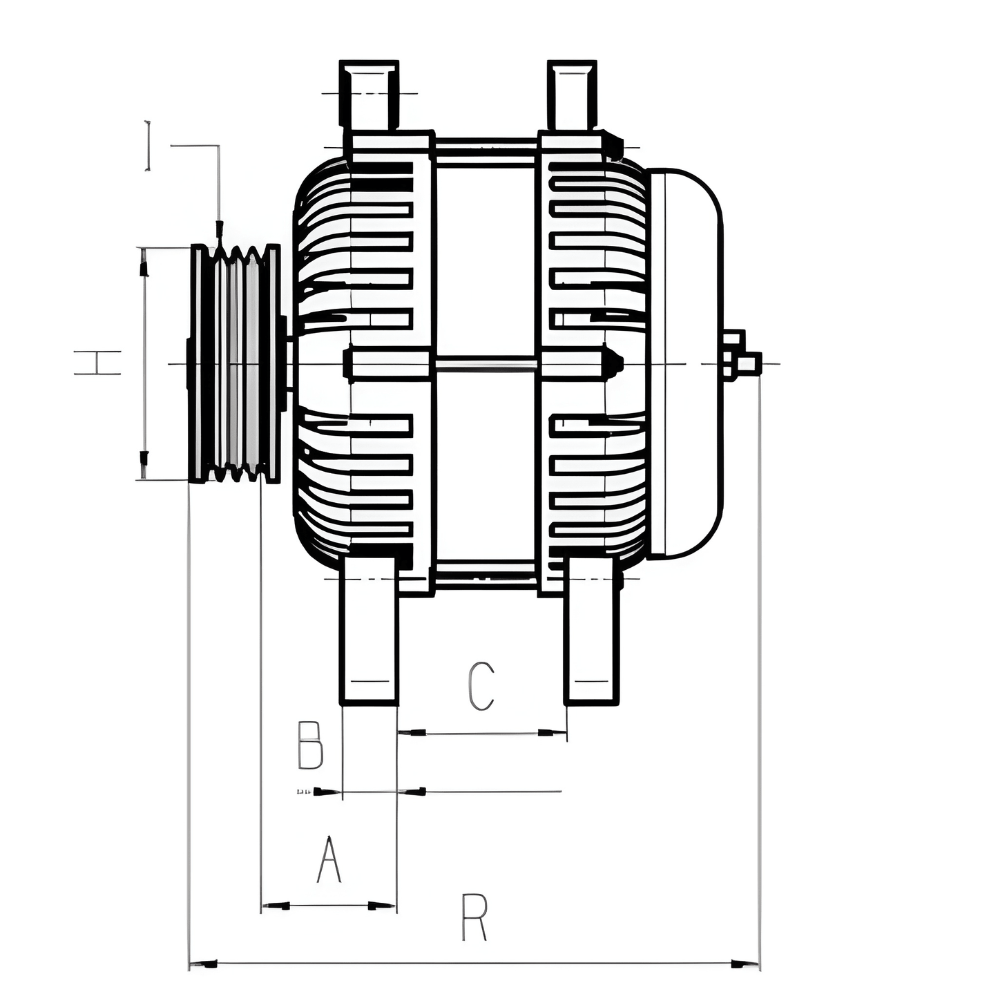 Side dimension drawing of ALT14493 alternator showing pulley offset, body length and mounting foot spacing.