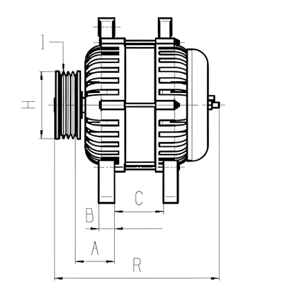 Side dimension drawing of ALT14493 alternator showing pulley offset, body length and mounting foot spacing.