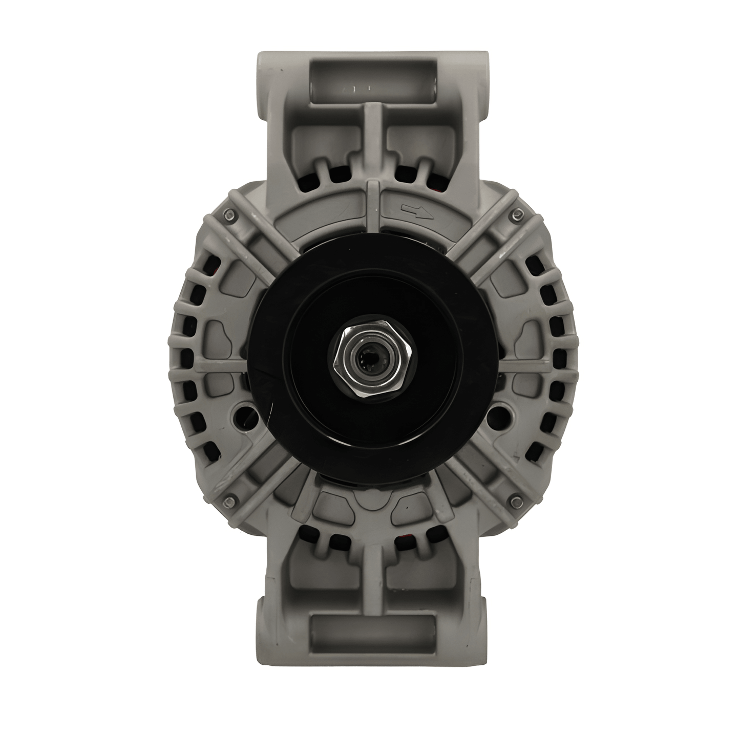 Front view of 12V 180A alternator ALT10872 showing pulley and cooling vents.