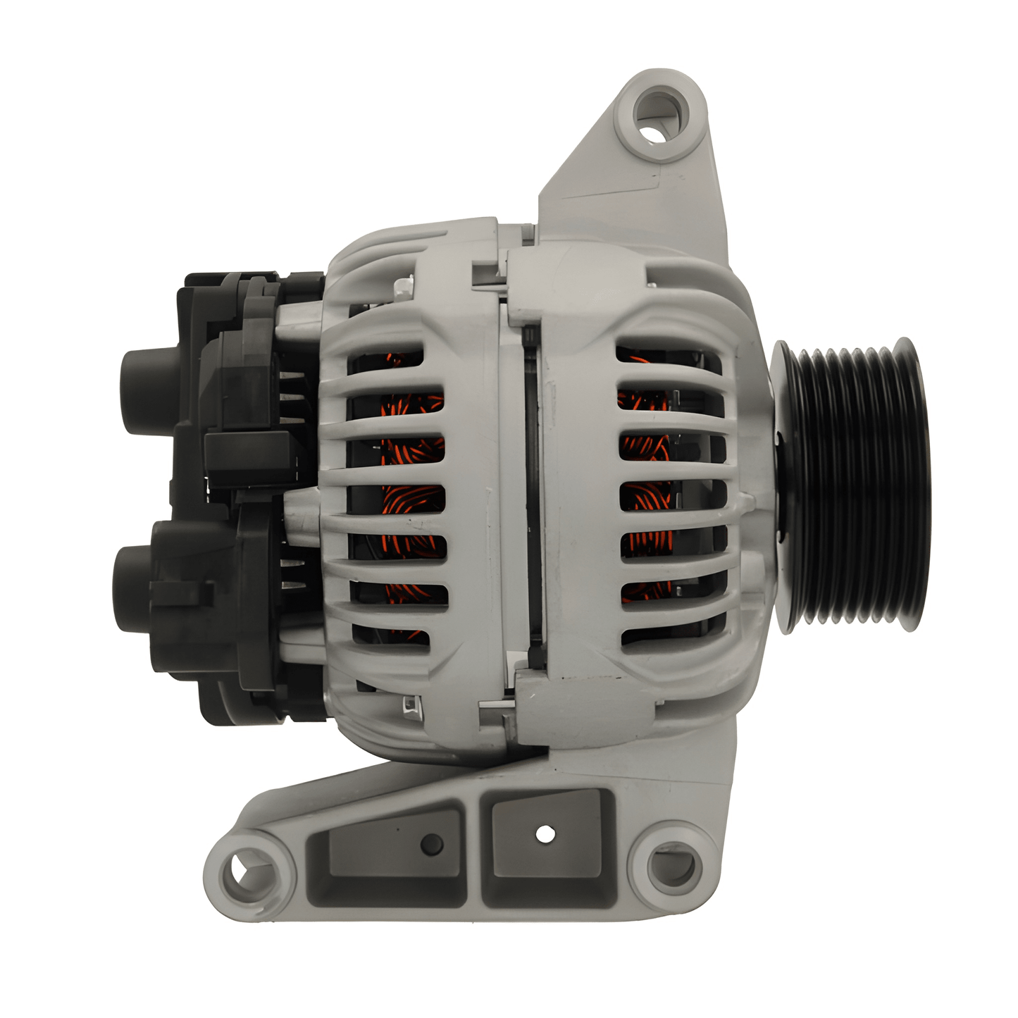 Side view of alternator ALT10872 highlighting pulley and housing design with visible copper windings.